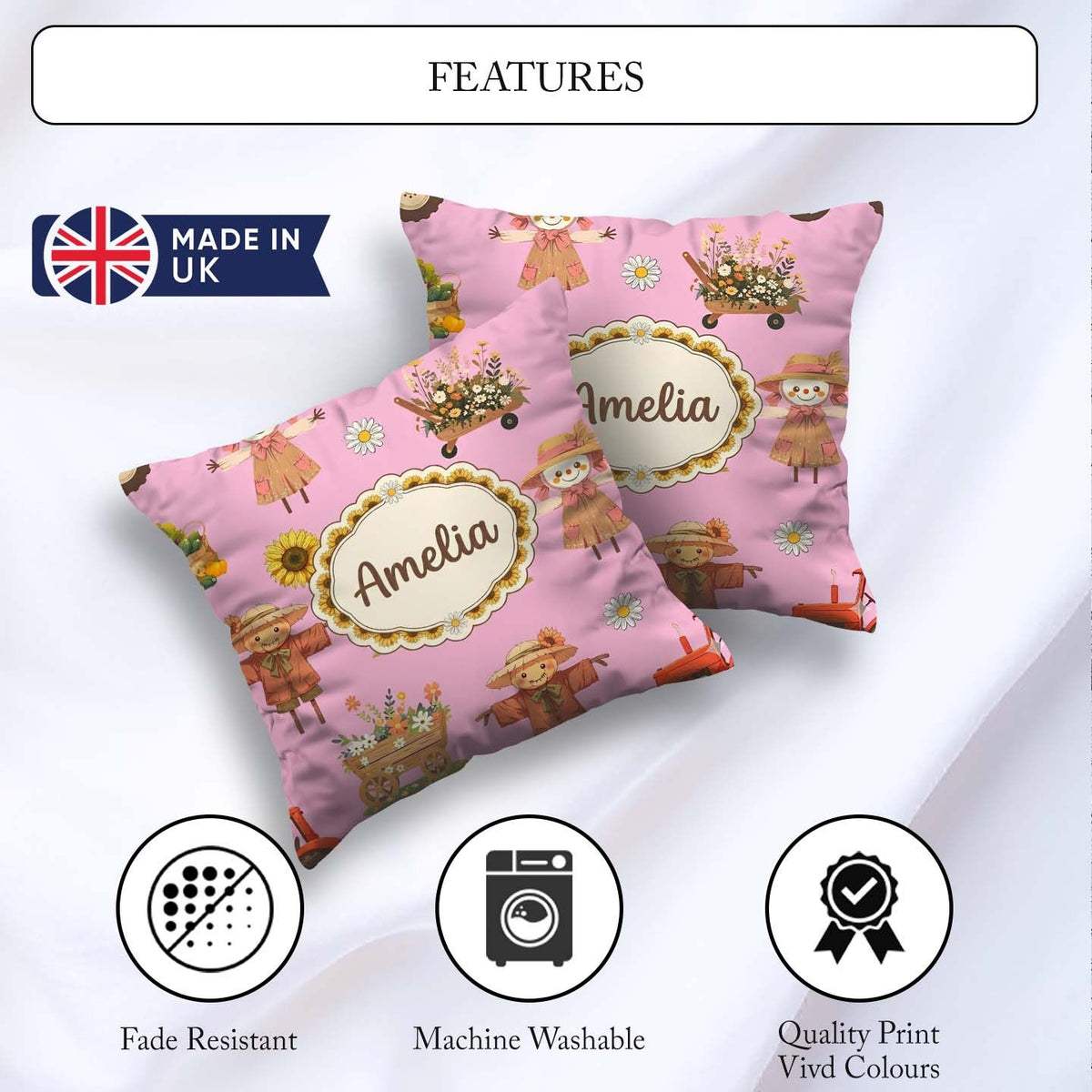 Custom Name Scarecrow Barn Sunflower Farm Blush Pink Background Square Filled Cushion Throw Pillow Sofa Bed Home Decor Zip Washable UK Made