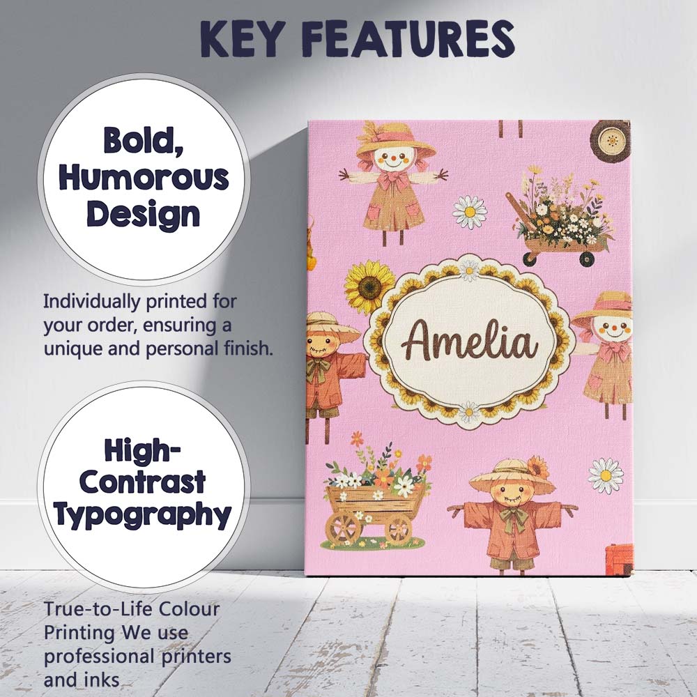 Personalised Name Cute Scarecrow Barn Custom Modern Room Accent Creative Decorator Style Canvas Wall Art Print Decor Picture Ready to Hang