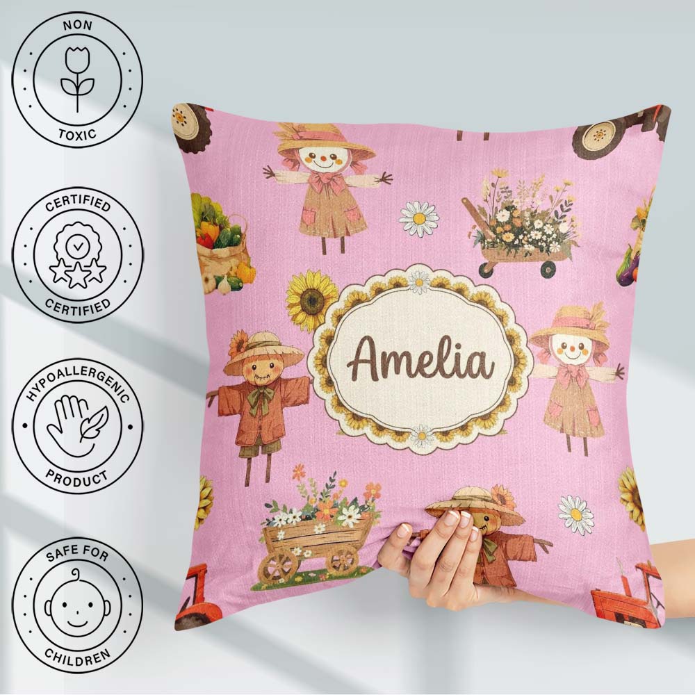 Custom Name Scarecrow Barn Sunflower Farm Blush Pink Background Square Filled Cushion Throw Pillow Sofa Bed Home Decor Zip Washable UK Made
