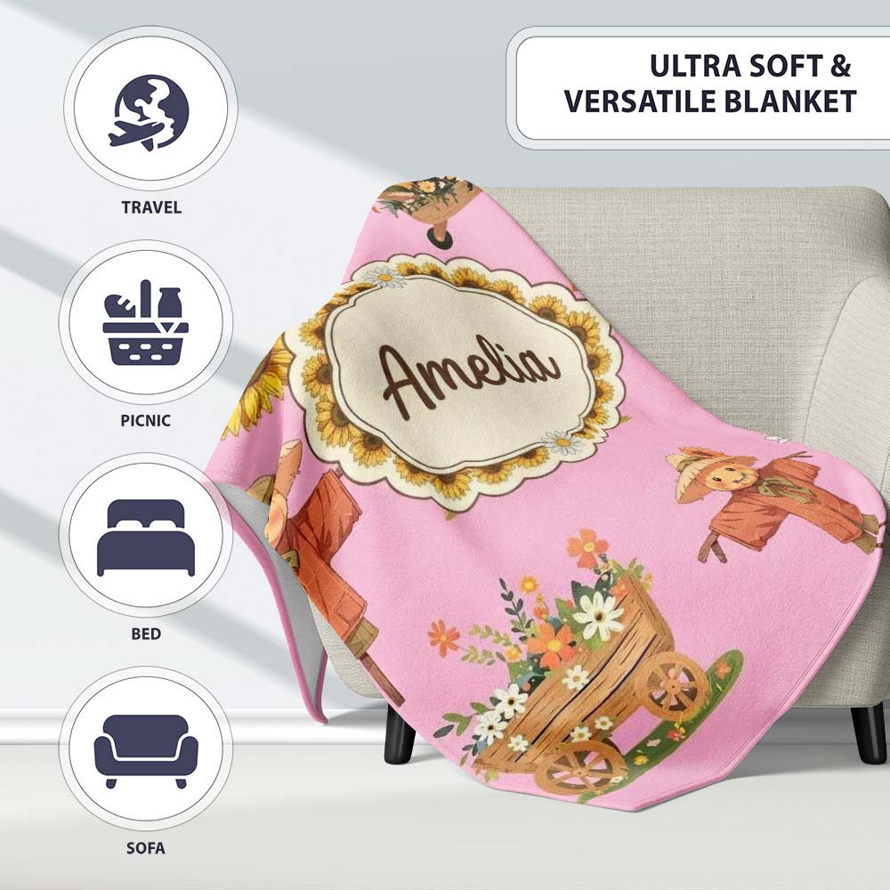 Cute Scarecrow Barn Sunflower Farm Blush Pink Background Seamless  Personalised Custom Name Super Soft Fleece Blanket Bed Sofa Throw