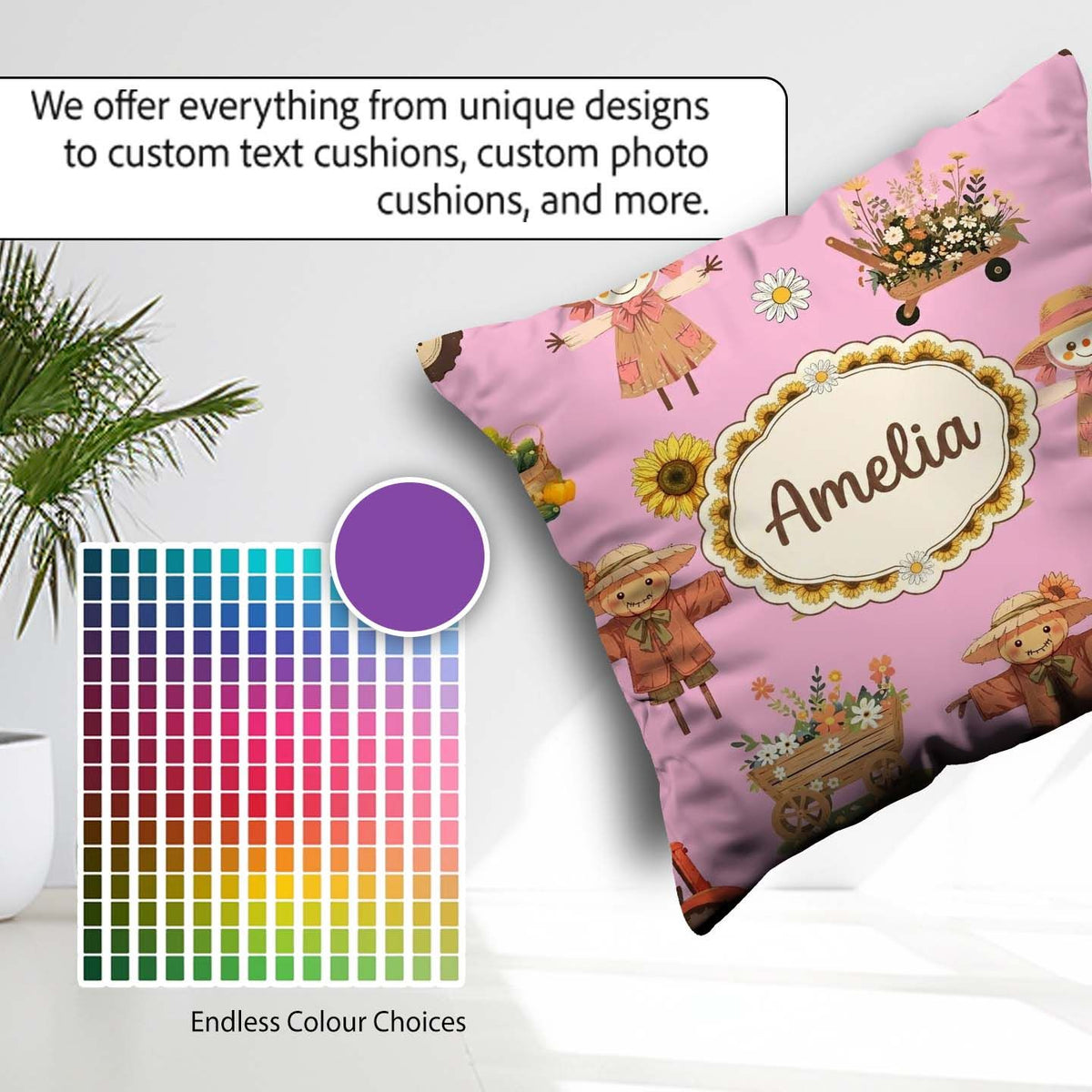 Custom Name Scarecrow Barn Sunflower Farm Blush Pink Background Square Filled Cushion Throw Pillow Sofa Bed Home Decor Zip Washable UK Made