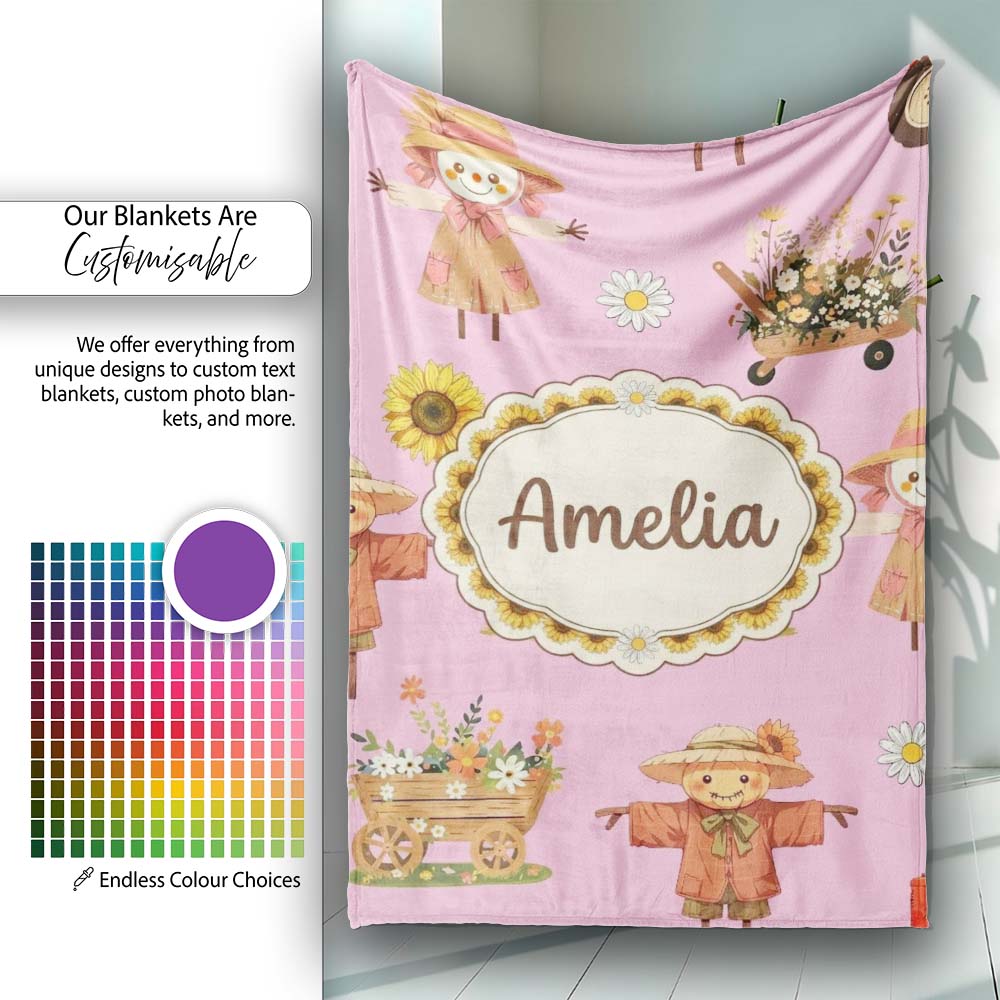 Cute Scarecrow Barn Sunflower Farm Blush Pink Background Seamless  Personalised Custom Name Super Soft Fleece Blanket Bed Sofa Throw