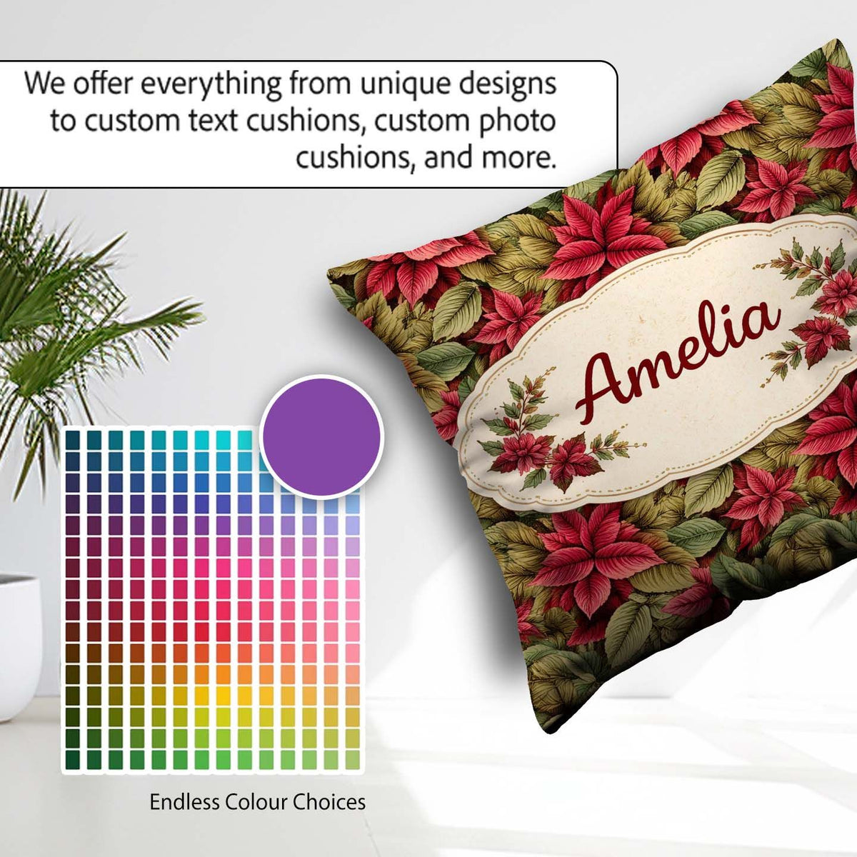 Custom Name Tropical Red Green Foliage Botanical Seamless Lovely Square Filled Cushion Throw Pillow Sofa Bed Home Decor Zip Washable UK Made
