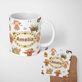 Personalized Custom Name Cute Scarecrow Barn Sunflower Farm Grey Background Seamless Pattern 11oz Ceramic Coffee Tea Mug White Large Handle