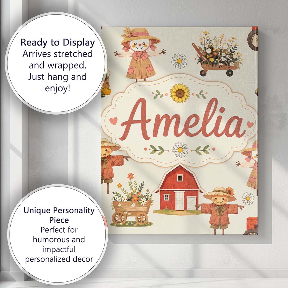 Personalised Name Cute Scarecrow Barn Custom Modern Room Accent Creative Decorator Style Canvas Wall Art Print Decor Picture Ready to Hang