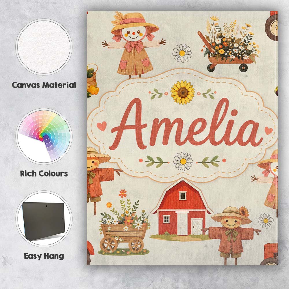 Personalised Name Cute Scarecrow Barn Custom Modern Room Accent Creative Decorator Style Canvas Wall Art Print Decor Picture Ready to Hang