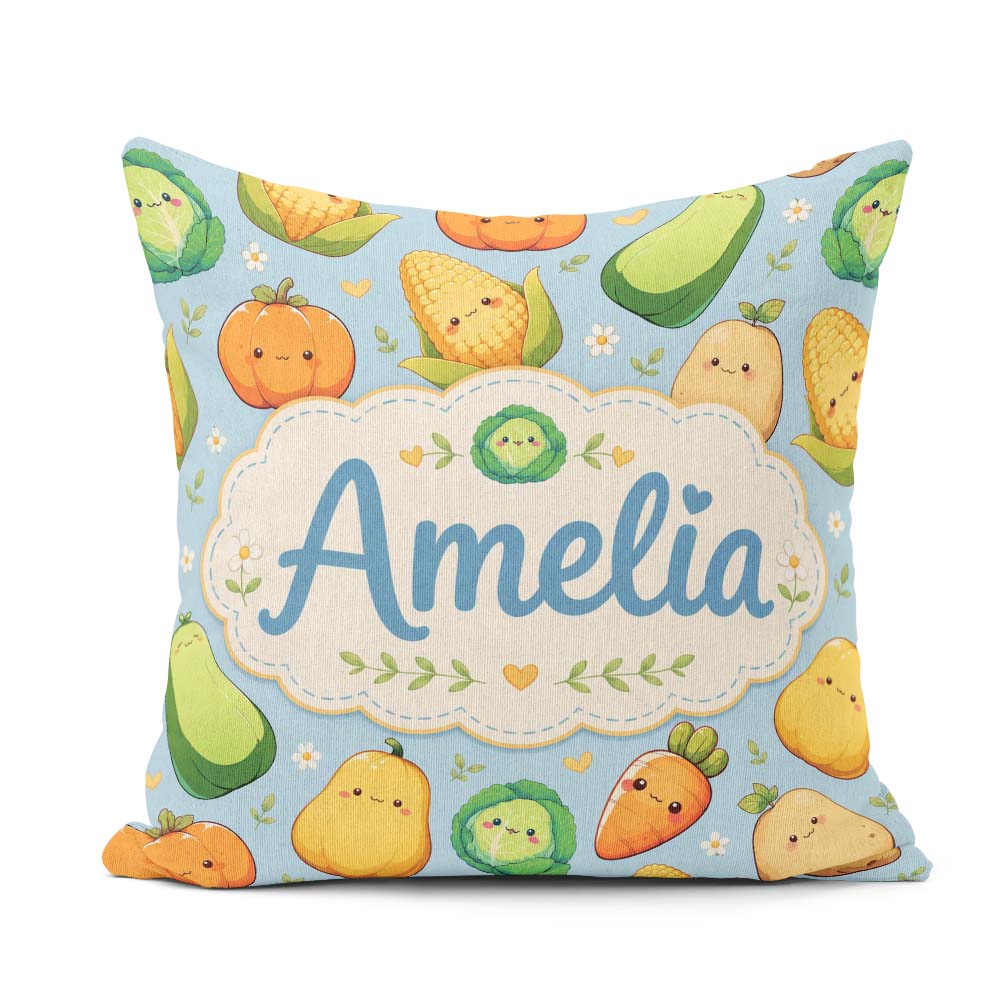 Custom Name Kawaii Vegetables Corn Carrot Pumpkin Blue Seamless Square Filled Cushion Throw Pillow Sofa Bed Home Decor Zip Washable UK Made