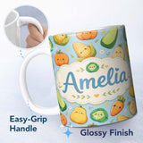 Personalized Custom Name Cute Kawaii Vegetables Corn Carrot Pumpkin Blue Background Seamless 11oz Ceramic Coffee Tea Mug White Large Handle