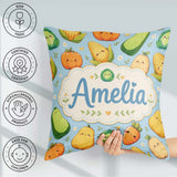 Custom Name Kawaii Vegetables Corn Carrot Pumpkin Blue Seamless Square Filled Cushion Throw Pillow Sofa Bed Home Decor Zip Washable UK Made