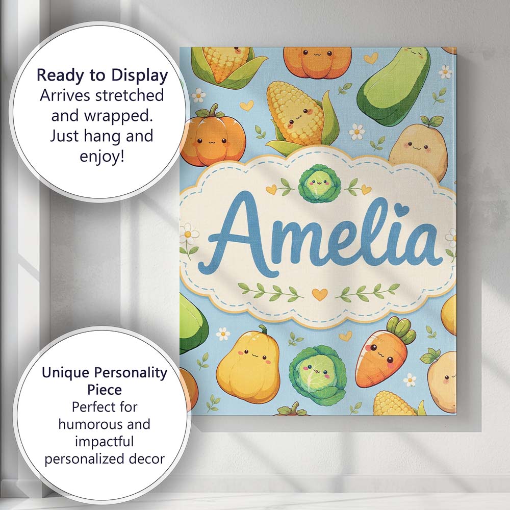 Personalised Name Cute Kawaii Vegetables Custom  Unique Gift Idea Elegant Feature Canvas Wall Art Print Decor Picture Ready to Hang