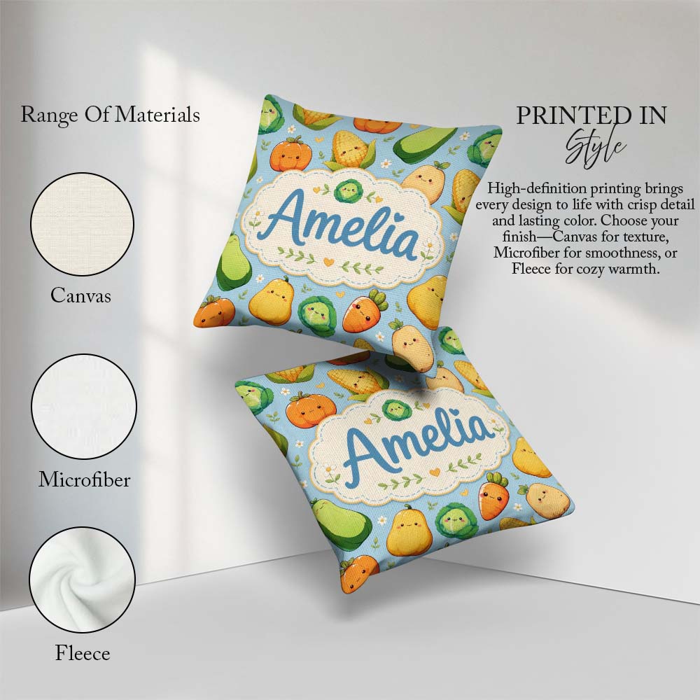 Custom Name Kawaii Vegetables Corn Carrot Pumpkin Blue Seamless Square Filled Cushion Throw Pillow Sofa Bed Home Decor Zip Washable UK Made
