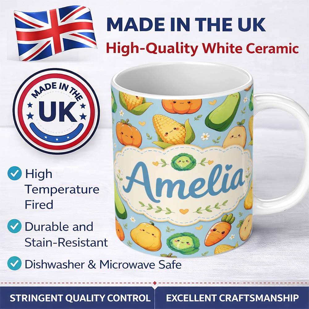 Personalized Custom Name Cute Kawaii Vegetables Corn Carrot Pumpkin Blue Background Seamless 11oz Ceramic Coffee Tea Mug White Large Handle