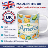 Personalized Custom Name Cute Kawaii Vegetables Corn Carrot Pumpkin Blue Background Seamless 11oz Ceramic Coffee Tea Mug White Large Handle