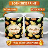 Personalized Custom Name Cute Kawaii Vegetables Corn Carrot Pumpkin Black Background 11oz Ceramic Coffee Tea Mug White Large Handle