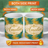 Personalized Custom Name Teal and Gold Abstract Floral Swirl Seamless Pattern with Painterly 11oz Ceramic Coffee Tea Mug White Large Handle