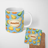 Personalized Custom Name Cute Kawaii Vegetables Corn Carrot Pumpkin Sky Blue Background 11oz Ceramic Coffee Tea Mug White Large Handle