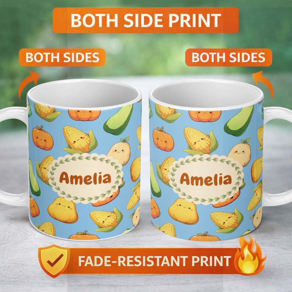 Personalized Custom Name Cute Kawaii Vegetables Corn Carrot Pumpkin Sky Blue Background 11oz Ceramic Coffee Tea Mug White Large Handle