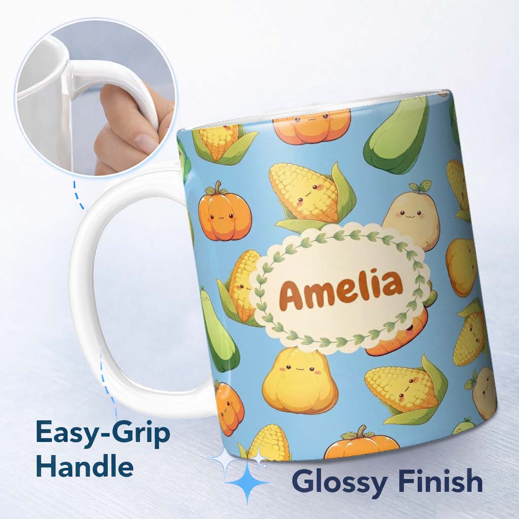 Personalized Custom Name Cute Kawaii Vegetables Corn Carrot Pumpkin Sky Blue Background 11oz Ceramic Coffee Tea Mug White Large Handle
