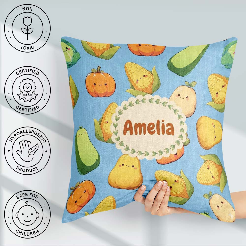 Custom Name Cute Kawaii Vegetables Corn Carrot Pumpkin Sky Blue Square Filled Cushion Throw Pillow Sofa Bed Home Decor Zip Washable UK Made