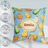Custom Name Cute Kawaii Vegetables Corn Carrot Pumpkin Sky Blue Square Filled Cushion Throw Pillow Sofa Bed Home Decor Zip Washable UK Made