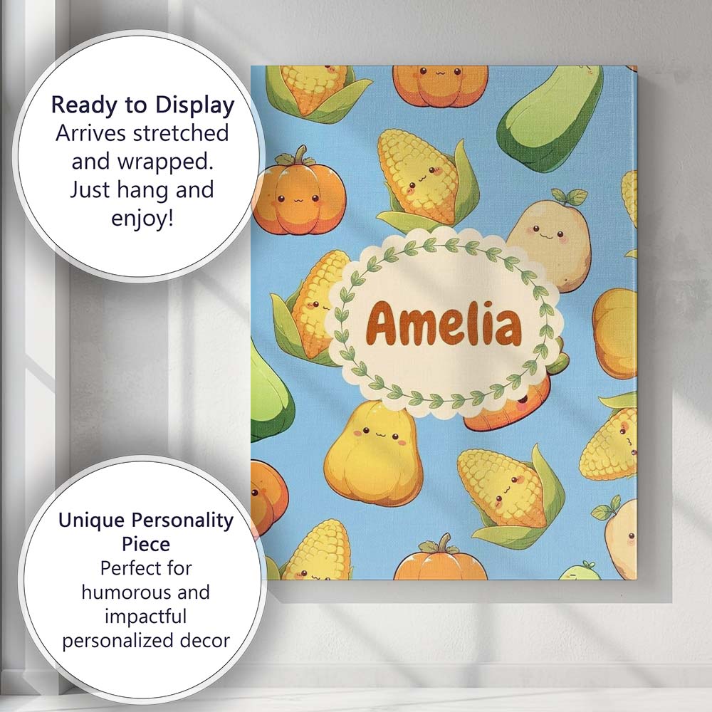 Personalised Name Cute Kawaii Vegetables Custom  Unique Gift Idea Elegant Feature Canvas Wall Art Print Decor Picture Ready to Hang
