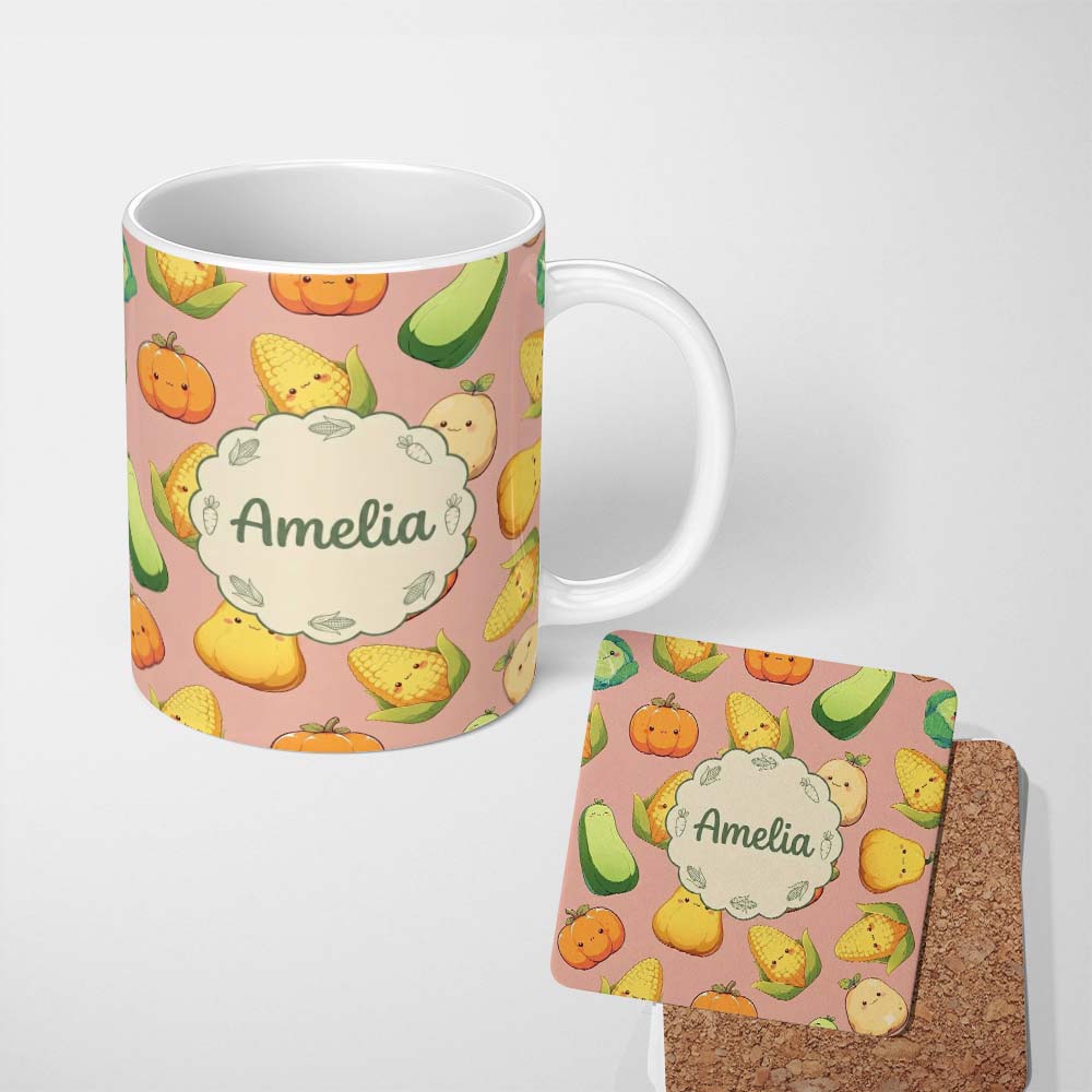 Personalized Custom Name Cute Kawaii Vegetables Corn Carrot Pumpkin Peach Background 11oz Ceramic Coffee Tea Mug White Large Handle