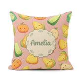 Custom Name Cute Kawaii Vegetables Corn Pumpkin Peach Background Square Filled Cushion Throw Pillow Sofa Bed Home Decor Zip Washable UK Made