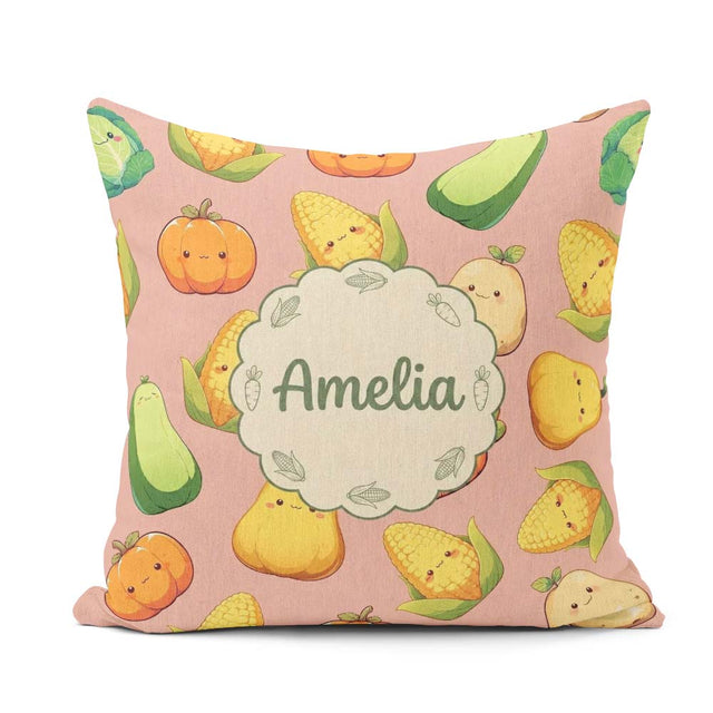 Custom Name Cute Kawaii Vegetables Corn Pumpkin Peach Background Square Filled Cushion Throw Pillow Sofa Bed Home Decor Zip Washable UK Made