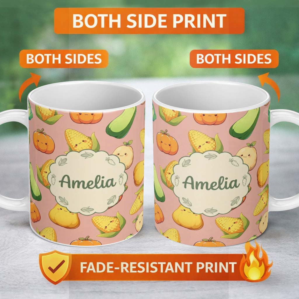 Personalized Custom Name Cute Kawaii Vegetables Corn Carrot Pumpkin Peach Background 11oz Ceramic Coffee Tea Mug White Large Handle