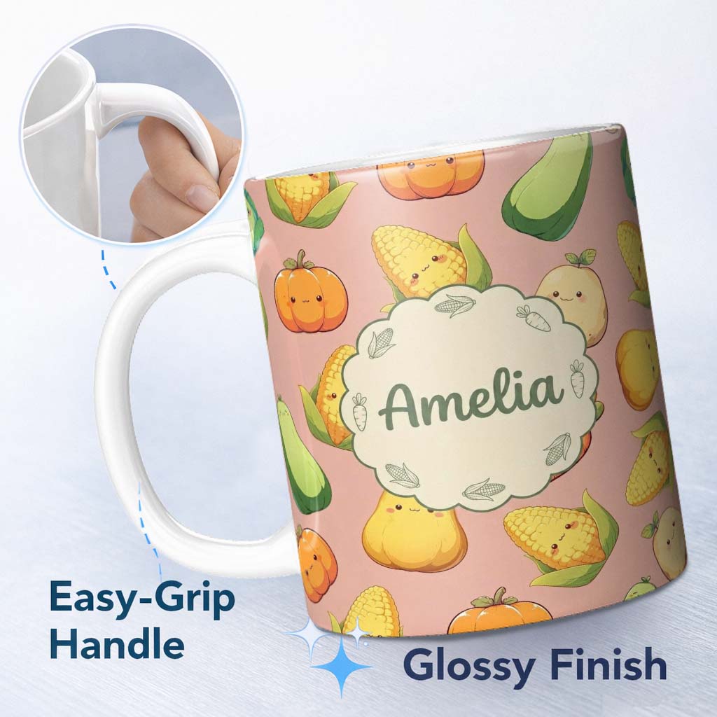 Personalized Custom Name Cute Kawaii Vegetables Corn Carrot Pumpkin Peach Background 11oz Ceramic Coffee Tea Mug White Large Handle