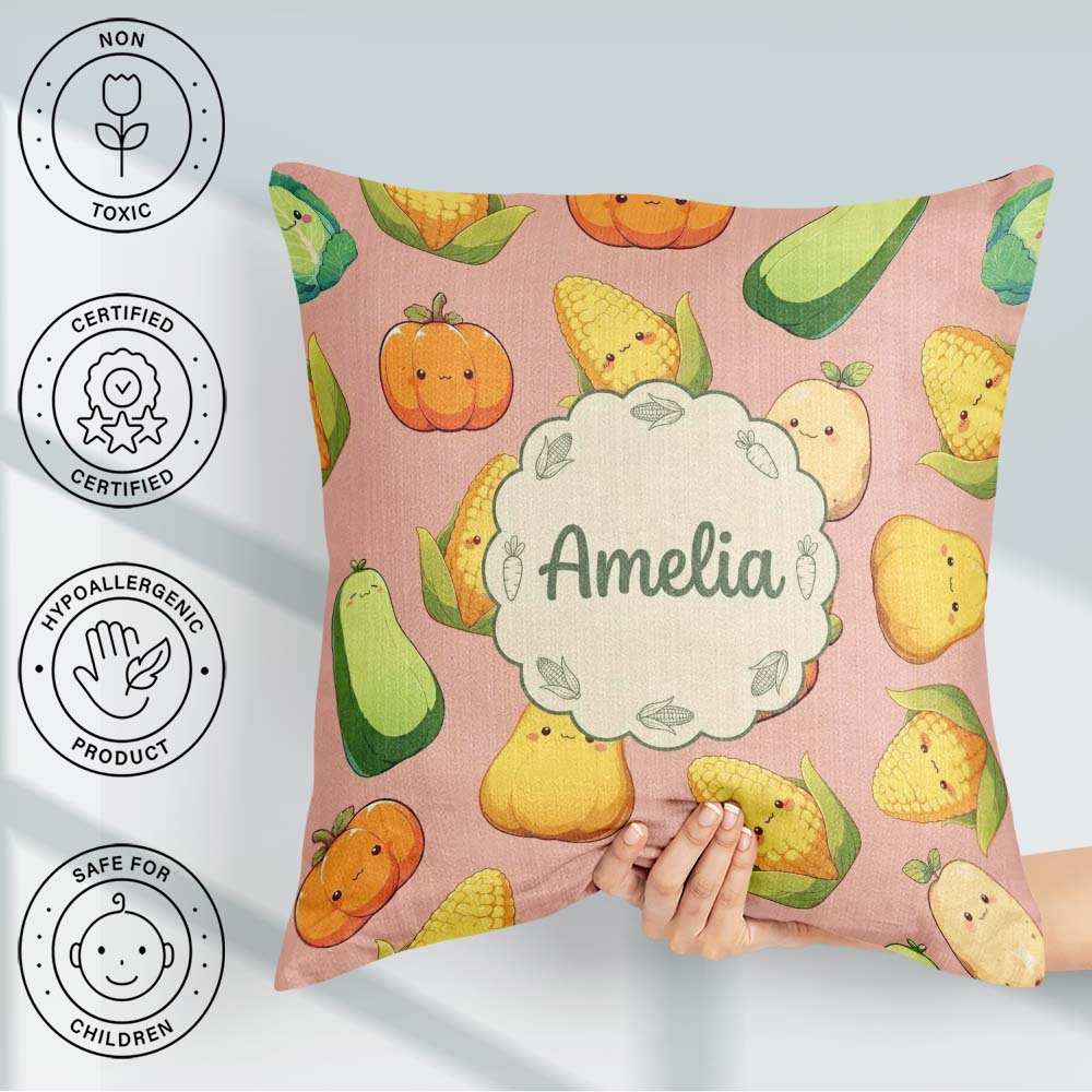 Custom Name Cute Kawaii Vegetables Corn Pumpkin Peach Background Square Filled Cushion Throw Pillow Sofa Bed Home Decor Zip Washable UK Made
