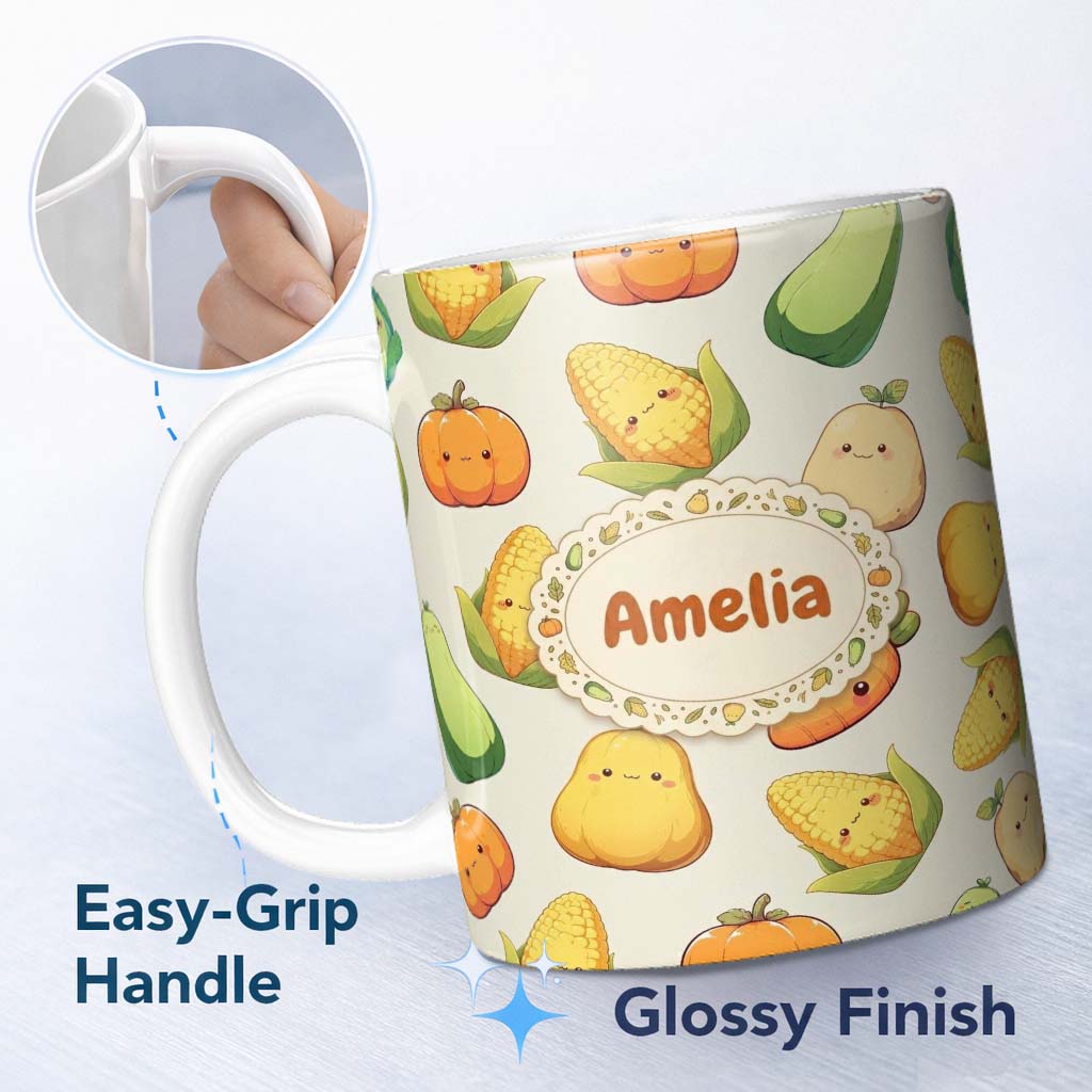 Personalized Custom Name Cute Kawaii Vegetables Corn Carrot Pumpkin Cream Background 11oz Ceramic Coffee Tea Mug White Large Handle