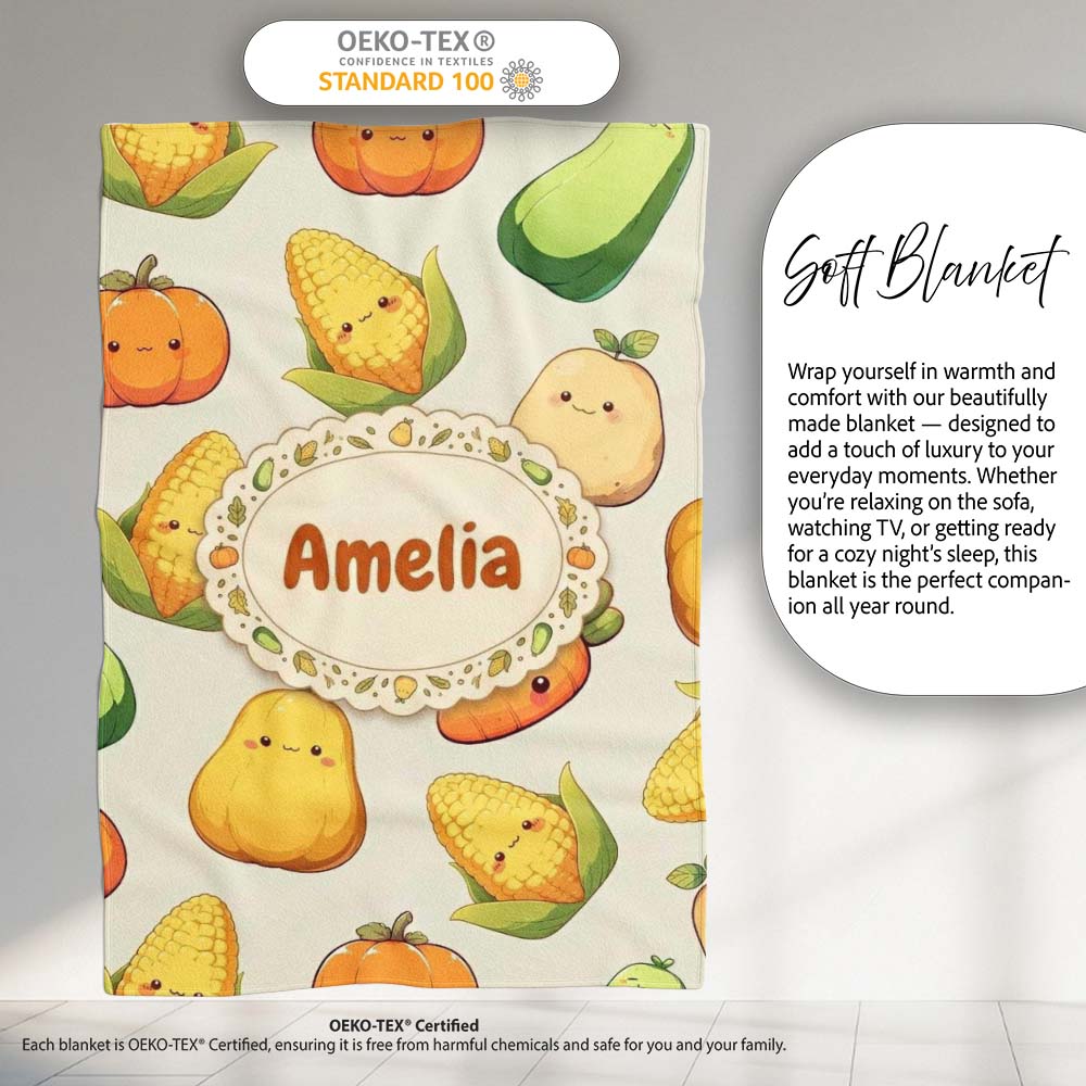 Cute Kawaii Vegetables Corn Carrot Pumpkin Cream Background  Personalised Custom Name Super Soft Fleece Blanket Bed Sofa Throw