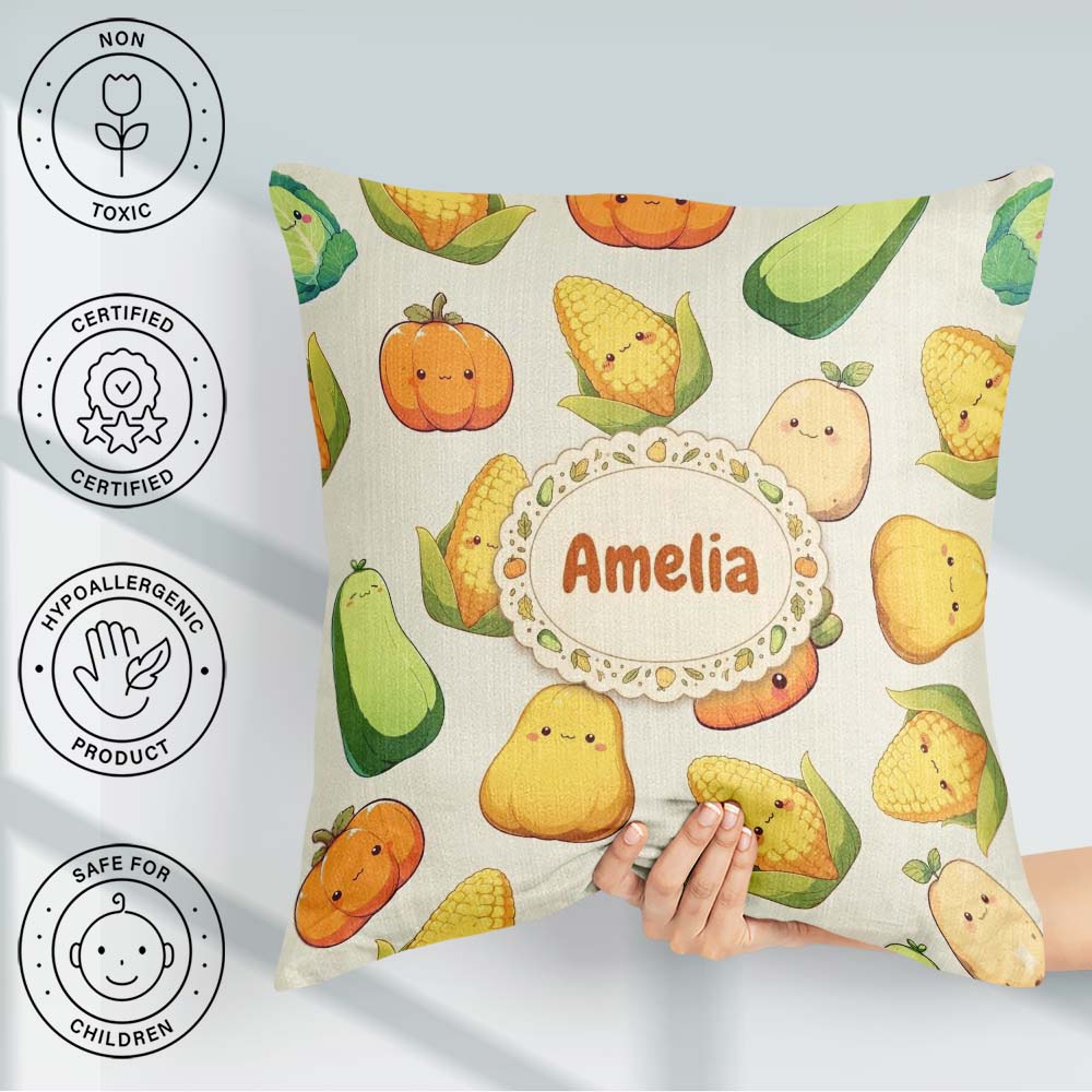 Custom Name Cute Kawaii Vegetables Corn Pumpkin Cream Background Square Filled Cushion Throw Pillow Sofa Bed Home Decor Zip Washable UK Made