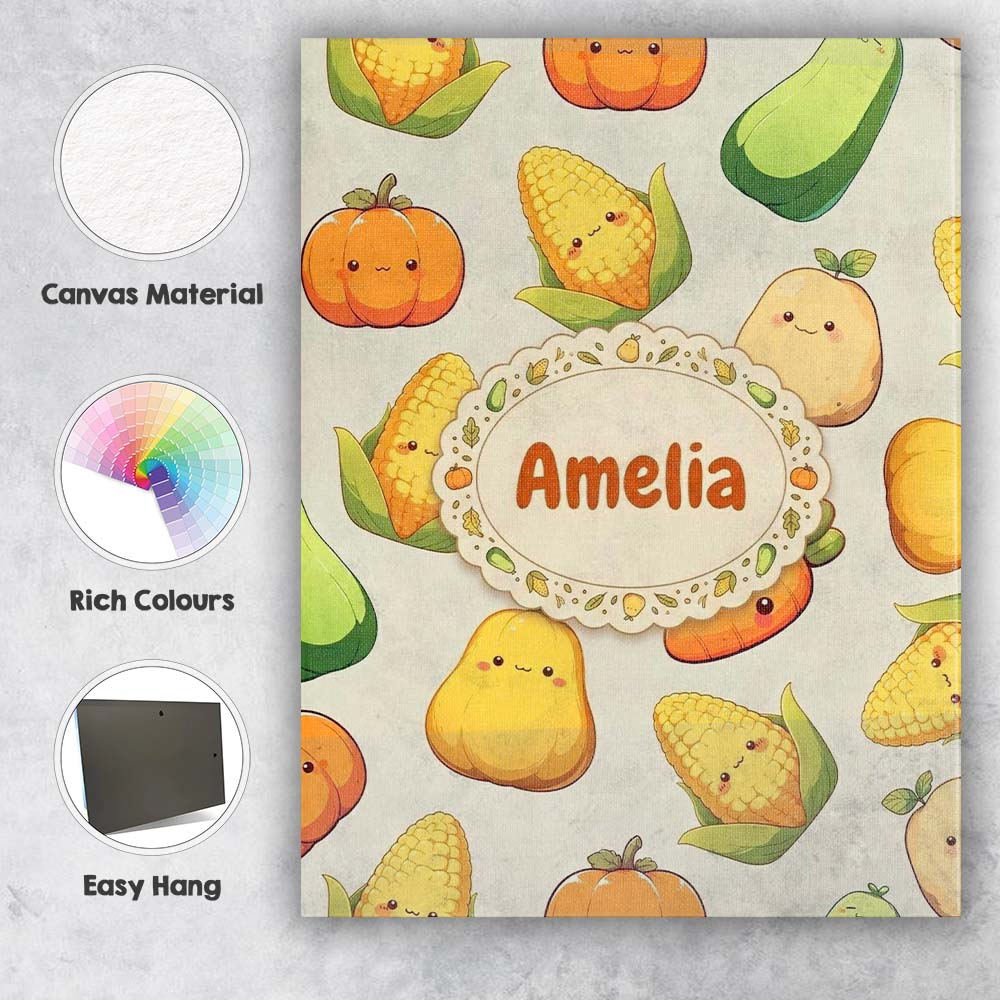 Personalised Name Cute Kawaii Vegetables Custom  Unique Gift Idea Elegant Feature Canvas Wall Art Print Decor Picture Ready to Hang
