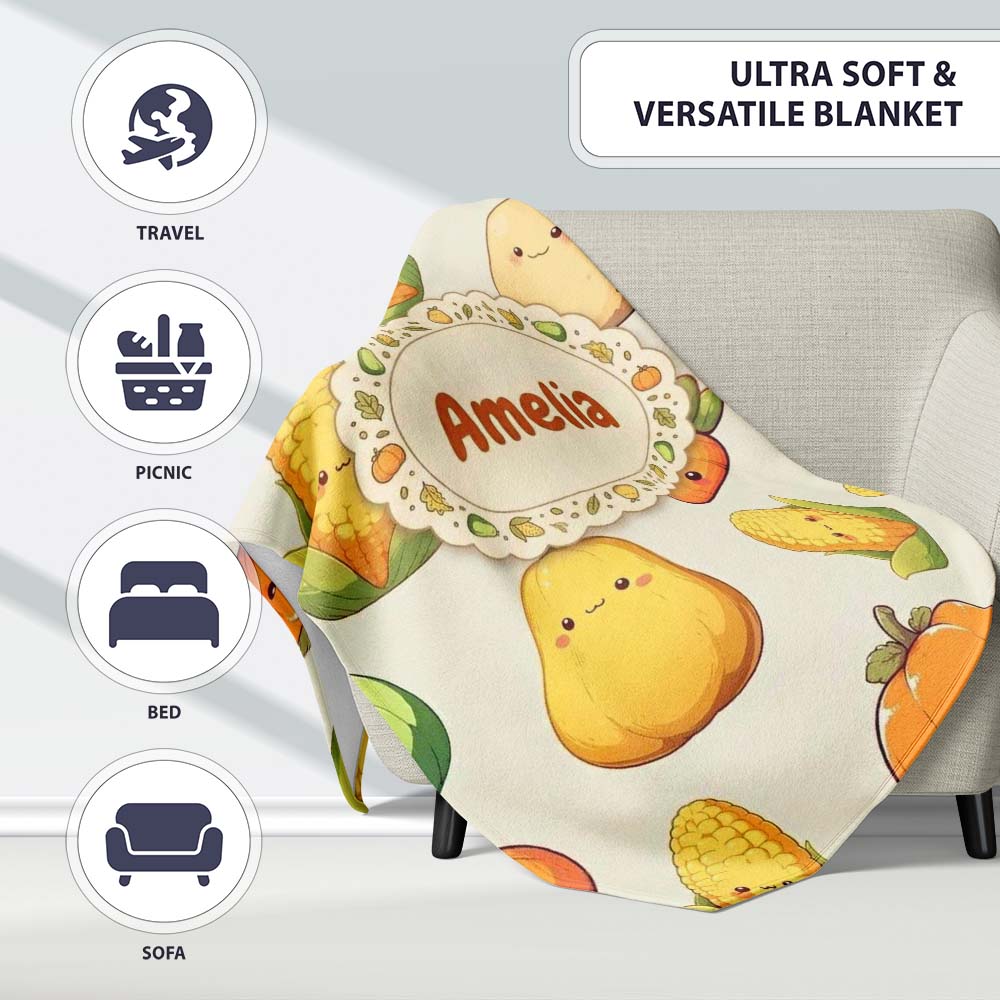 Cute Kawaii Vegetables Corn Carrot Pumpkin Cream Background  Personalised Custom Name Super Soft Fleece Blanket Bed Sofa Throw