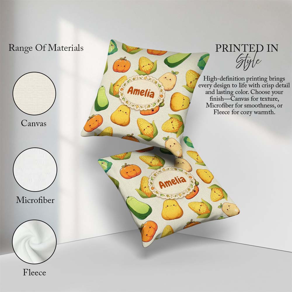 Custom Name Cute Kawaii Vegetables Corn Pumpkin Cream Background Square Filled Cushion Throw Pillow Sofa Bed Home Decor Zip Washable UK Made