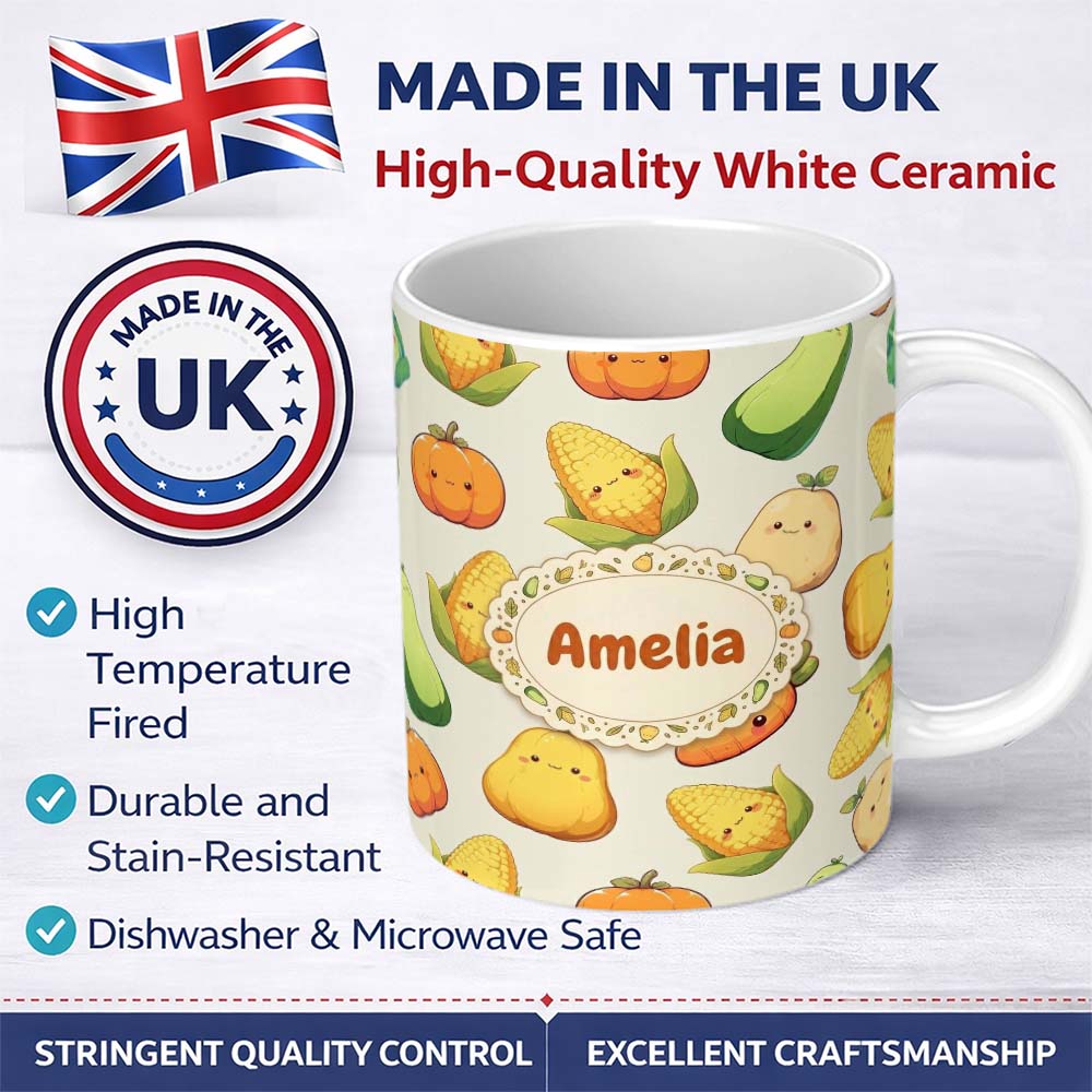 Personalized Custom Name Cute Kawaii Vegetables Corn Carrot Pumpkin Cream Background 11oz Ceramic Coffee Tea Mug White Large Handle