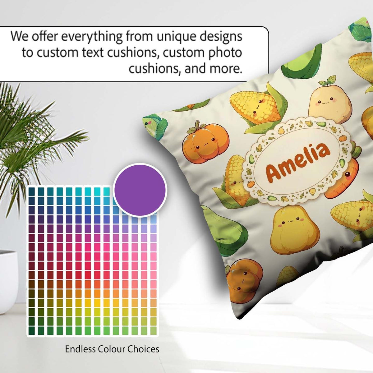 Custom Name Cute Kawaii Vegetables Corn Pumpkin Cream Background Square Filled Cushion Throw Pillow Sofa Bed Home Decor Zip Washable UK Made