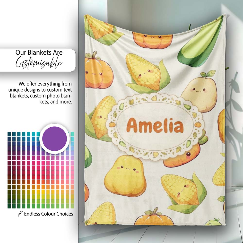 Cute Kawaii Vegetables Corn Carrot Pumpkin Cream Background  Personalised Custom Name Super Soft Fleece Blanket Bed Sofa Throw