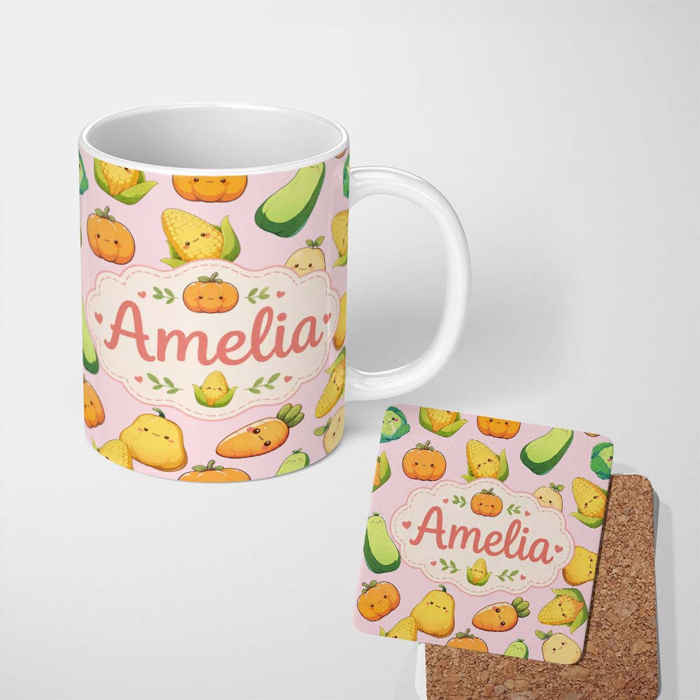 Personalized Custom Name Cute Kawaii Corn Carrot Pumpkin Light Pink Background Seamless 11oz Ceramic Coffee Tea Mug White Large Handle