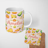 Personalized Custom Name Cute Kawaii Corn Carrot Pumpkin Light Pink Background Seamless 11oz Ceramic Coffee Tea Mug White Large Handle