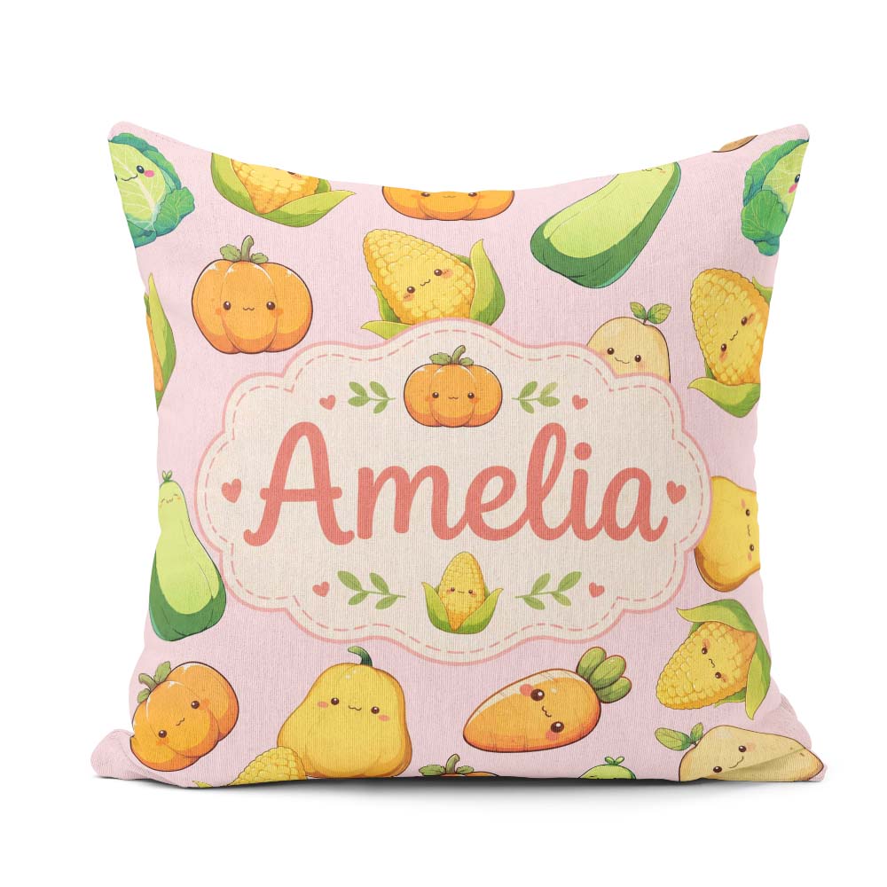Custom Name Cute Kawaii Corn Carrot Pumpkin Light Pink Seamless Square Filled Cushion Throw Pillow Sofa Bed Home Decor Zip Washable UK Made