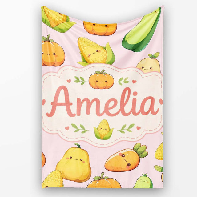 Cute Kawaii Corn Carrot Pumpkin Light Pink Background Seamless  Personalised Custom Name Super Soft Fleece Blanket Bed Sofa Throw