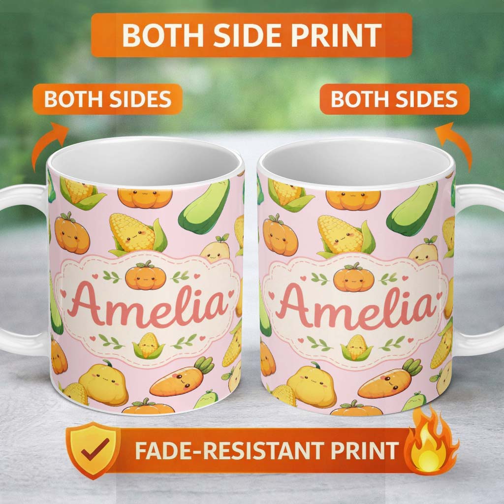 Personalized Custom Name Cute Kawaii Corn Carrot Pumpkin Light Pink Background Seamless 11oz Ceramic Coffee Tea Mug White Large Handle