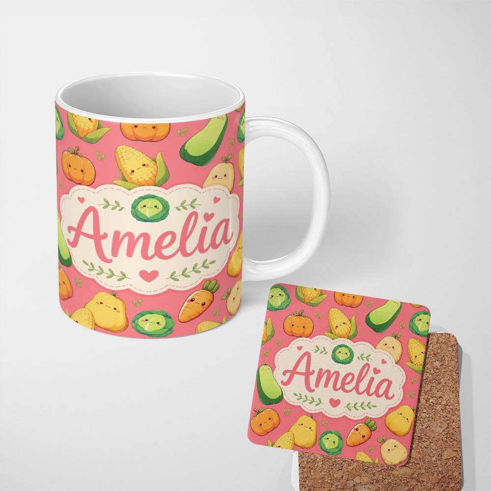Personalized Custom Name Cute Kawaii Vegetables Corn Carrot Pumpkin Coral Background 11oz Ceramic Coffee Tea Mug White Large Handle