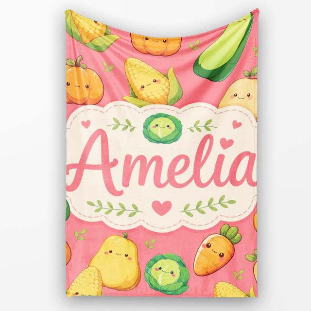 Cute Kawaii Vegetables Corn Carrot Pumpkin Coral Background  Personalised Custom Name Super Soft Fleece Blanket Bed Sofa Throw