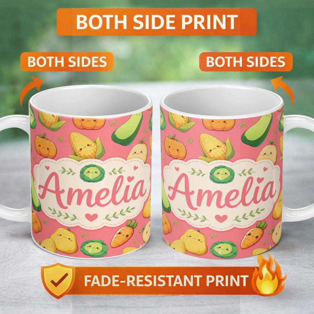 Personalized Custom Name Cute Kawaii Vegetables Corn Carrot Pumpkin Coral Background 11oz Ceramic Coffee Tea Mug White Large Handle