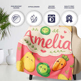 Cute Kawaii Vegetables Corn Carrot Pumpkin Coral Background  Personalised Custom Name Super Soft Fleece Blanket Bed Sofa Throw