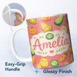 Personalized Custom Name Cute Kawaii Vegetables Corn Carrot Pumpkin Coral Background 11oz Ceramic Coffee Tea Mug White Large Handle